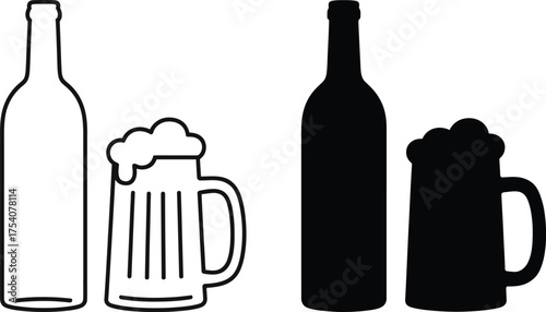 Bottles and beer mugs in contrasting styles a bold silhouette.