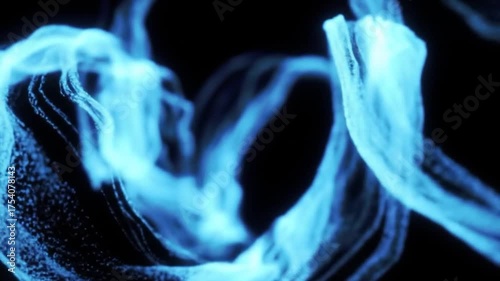 Ethereal blue light wisps and glowing particle trails create abstract flowing patterns on a black canvas