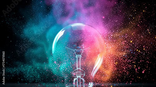 A glowing light bulb emits colorful smoke in a dark environment.