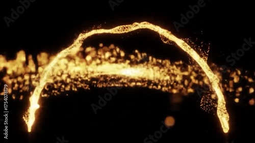 Dynamic flow of golden particles forming an abstract, glowing shape against a dark, bokeh-filled background