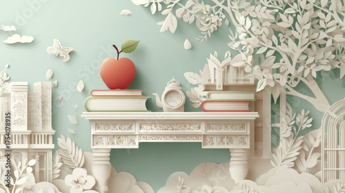 Paper art apple books education study desk illustration