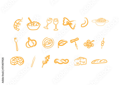 Whimsical Culinary Journey Hand-Drawn Food Icons Featuring Pasta Shrimp and Wine for a Delicious Italian Adventure Illustration vector