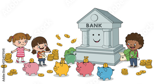 Children Saving Money Cute Illustration of Kids Depositing Coins into Piggy Banks and Bank