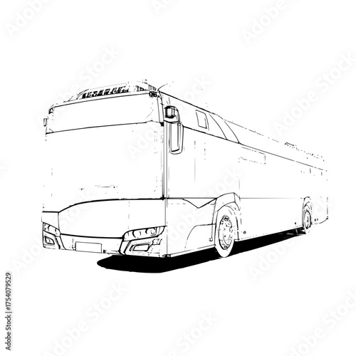A detailed black and white sketch of a large bus viewed from a low rear three quarter angle showing lights