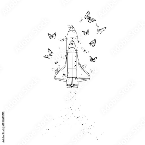 Illustration of a space shuttle surrounded by butterflies with a trail of dots on a white background