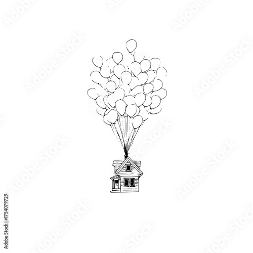 Illustration of a house being lifted by a large bunch of balloons in a whimsical black and white design