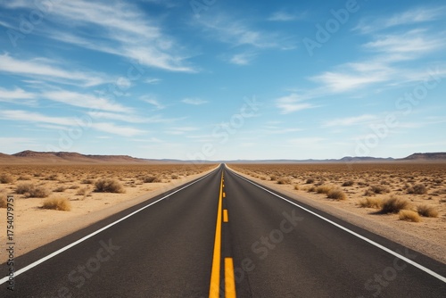 Endless straight highway stretching through arid desert under clear blue sky with scattered clouds, symbolizing journey and freedom concept. Ai generative