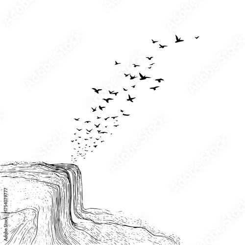 Cliffside view with numerous birds taking flight into the sky in a monochrome artistic rendering style
