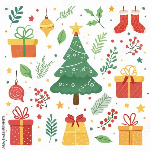 Festive Christmas tree with gifts, ornaments, holly, and decorations. Flat vector set perfect for holiday cards and winter design projects.