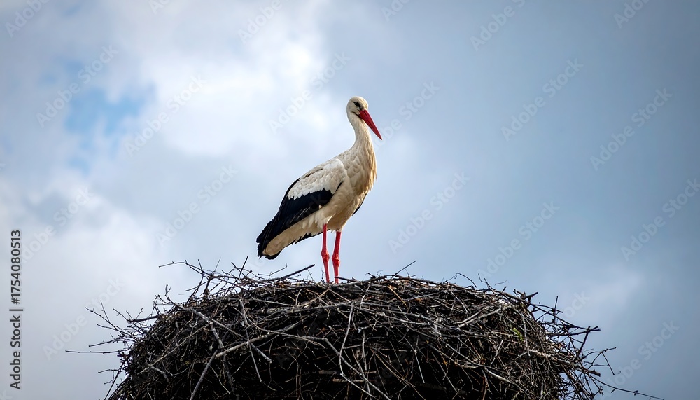 Fototapeta premium A white bird with red legs and beak stands perched atop a nest, cloudy sky in the background
