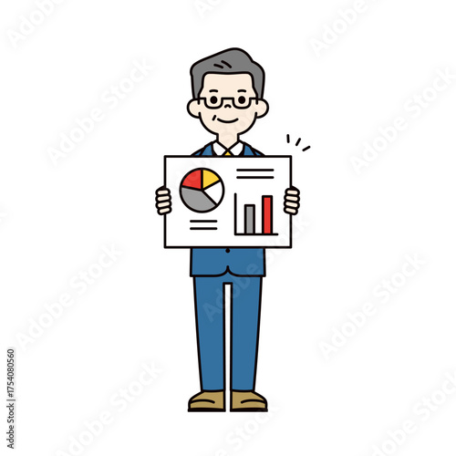  業務表・分析表を持つ、年配の男性経営者のシンプルな全身ベクターイラスト素材