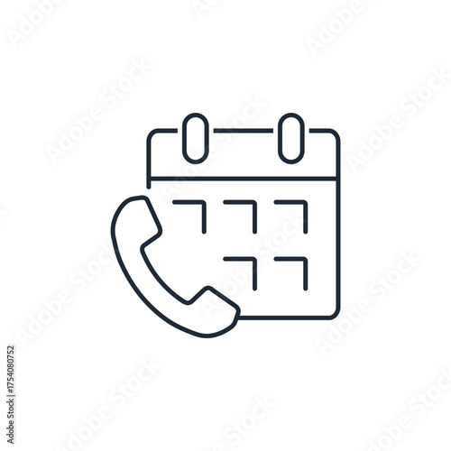Calendar with a telephone receiver. Scheduled call. Vector linear icon isolated on white background.