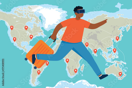 Traveler with virtual reality headset and suitcase exploring world map
