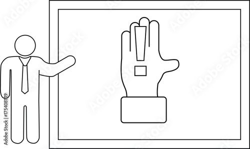 A presenter stands by a board with a raised hand graphic with an exclamation point