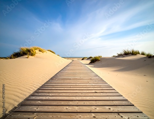 Fototapeta Naklejka Na Ścianę i Meble -  Wooden walkway through sand dunes leading to a calm, blue ocean