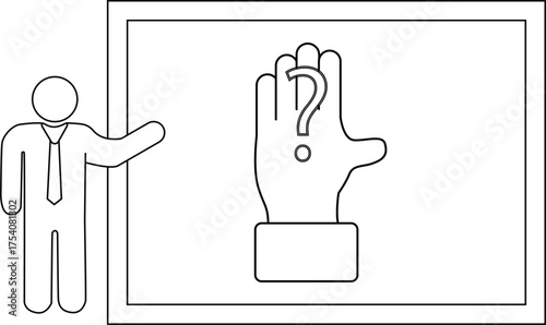 Drawing of a person gesturing to a presentation slide of a hand with a question mark in the palm