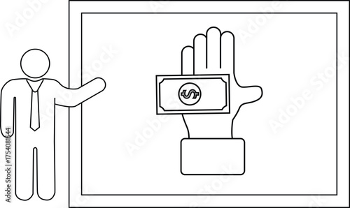 Outline shows figure by a whiteboard holding a dollar