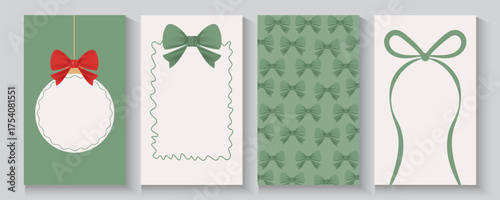 Merry Christmas and Happy New Year cards, posters, holiday covers. Set of greeting Xmas design in trendy retro hand drawn doodle style with bow and ribbon frame, art banner, flayer, template, layout.