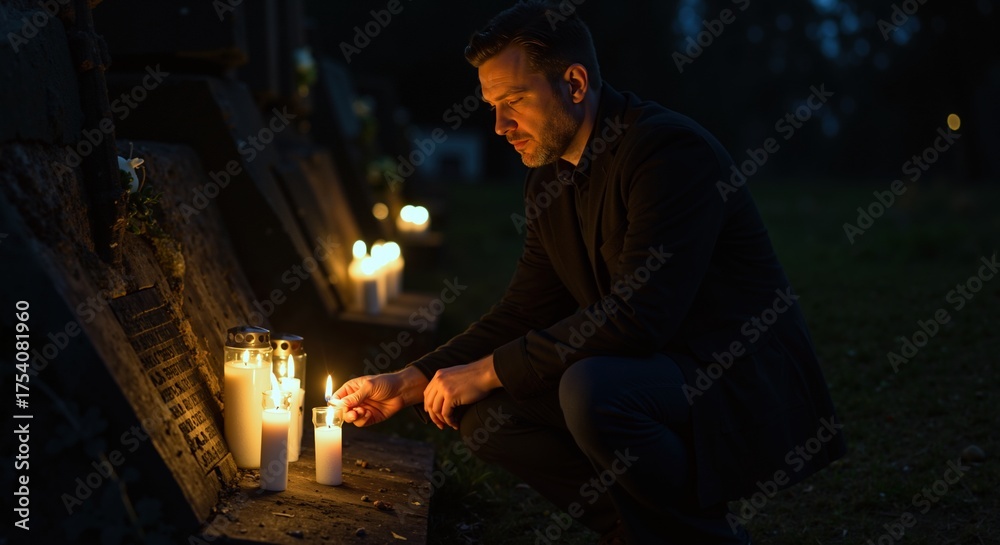custom made wallpaper toronto digitalMan lighting remembrance candle at grave in cemetery at night. Grieving person paying tribute to loved one. Mourning and loss concept