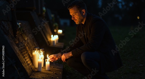 Man lighting remembrance candle at grave in cemetery at night. Grieving person paying tribute to loved one. Mourning and loss concept