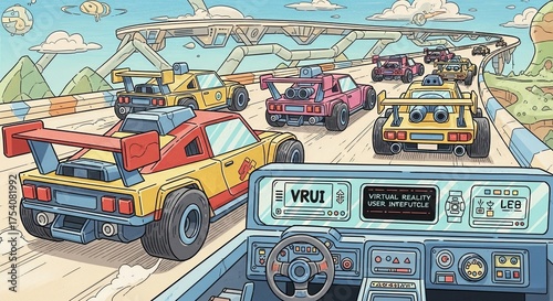 Retro racing adventure on a scenic highway with futuristic vehicles