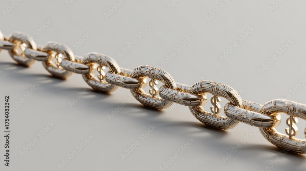 Obraz premium A close-up shot of a luxurious, golden chain with the dollar symbol representing wealth and prosperity. The elegant design with the dollar signs makes it ideal for finance and wealth-related concepts