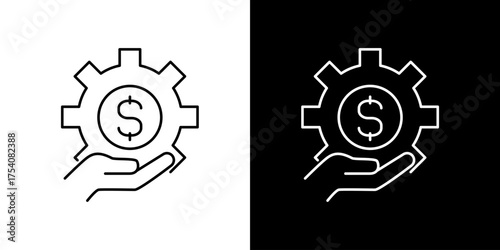 Thin line icon of a hand holding a gear with a dollar sign symbolizing financial technology and industrial investment