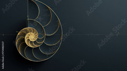 A golden nautilus shell spiraling on a dark backdrop, showcasing perfect geometry and design fibonacci