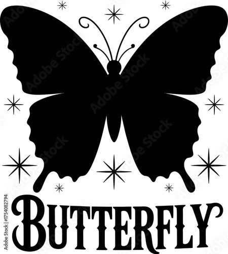 Wallpaper Mural Elegant black butterfly silhouette logo with sparkling stars and vintage typography. A stylish design suitable for beauty brands, nature themes, fashion labels, or decorative artwork. The minimalist a Torontodigital.ca