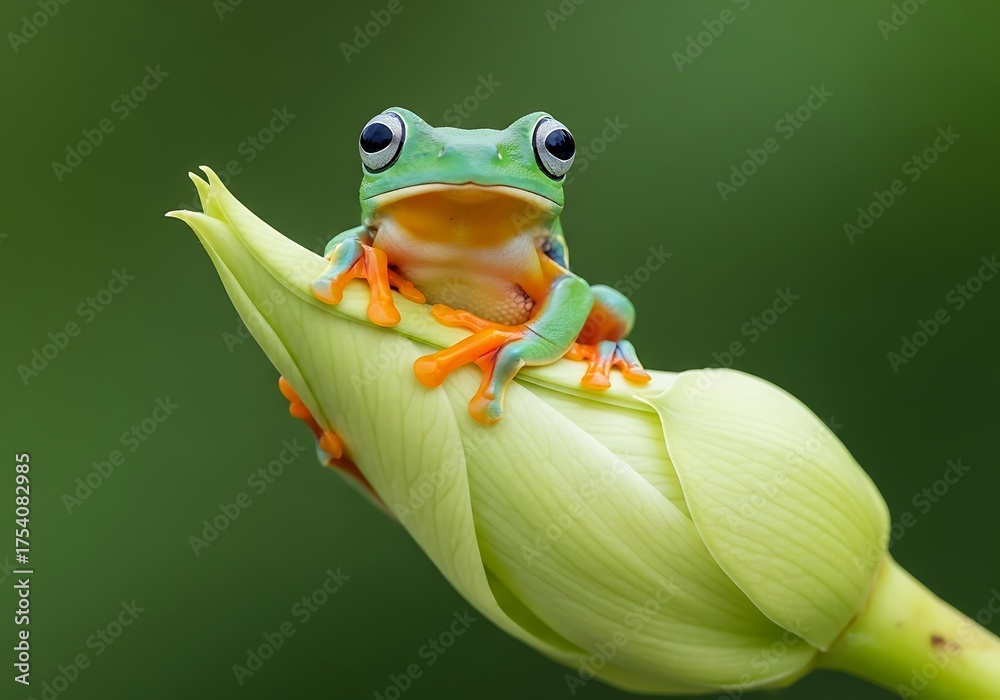 Naklejka premium A vibrant green tree frog with orange feet rests on a closed flower bud