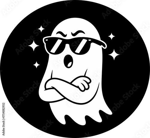 Wallpaper Mural Cute cartoon ghost wearing sunglasses and crossing arms, surrounded by sparkling stars on a black circular background. Fun and playful Halloween design suitable for stickers, T-shirts, party invitatio Torontodigital.ca