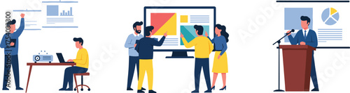 Modern business team collaborating with data dashboards, presenting reports, brainstorming strategies, and delivering speeches at podiums, showcasing teamwork, innovation, leadership, analytics,