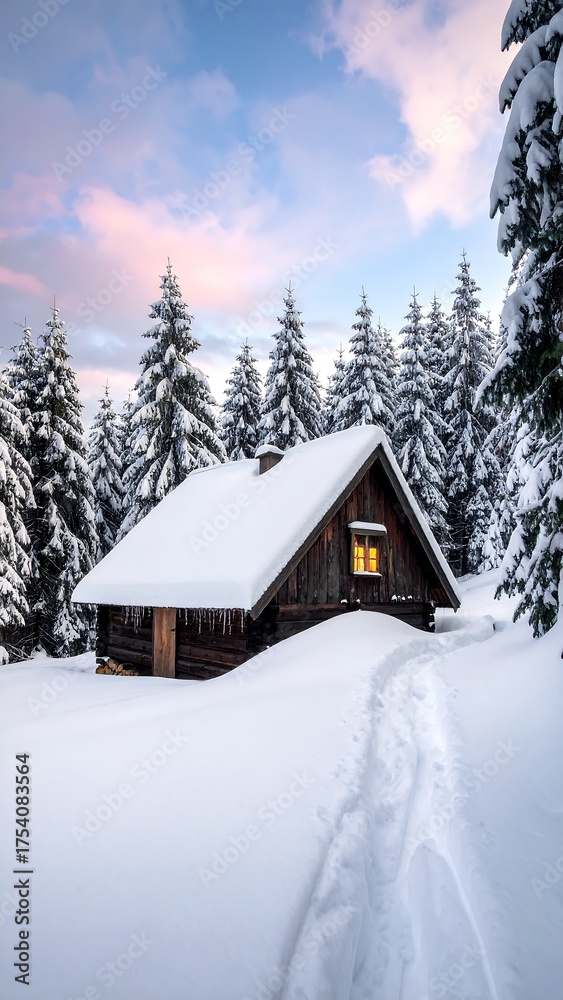 Naklejka premium Wooden cabin nestled in a snow-covered forest, light in window