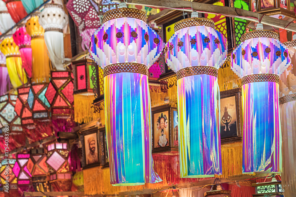 Fototapeta premium Colorful traditional and modern Lanterns, Akash kandil, decorative lamps, on the occasion of Diwali festival in Pune, India.