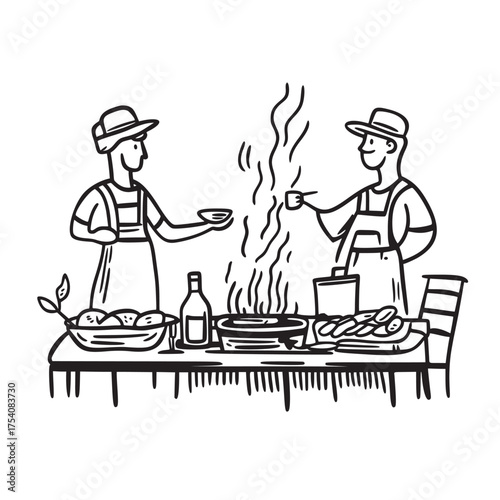 cartoon line art vector illustration of indulging in outdoor cooking experiences