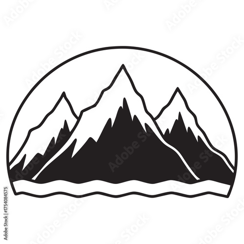 Minimalist Mountain Range Illustration Framed by Arched Boundary Nature Outdoors Adventure and Scenic Views