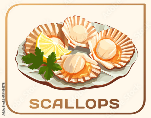 Cartoon vector illustration of scallops. Seafood scallops plump and seared, with a golden brown crust design. A sprig of fresh parsley adds a touch of color and garnish