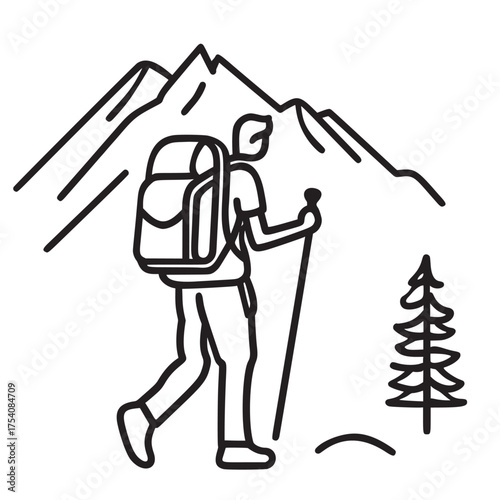 flat outline line art vector illustration of hiking with a purpose for conservation