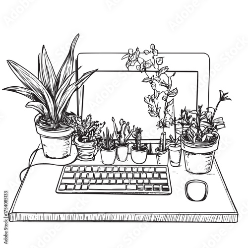 conceptual line art vector illustration of keyboard in a workspace filled with plants