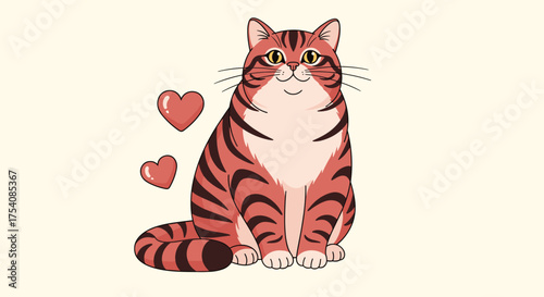 A cute plump tabby cat with hearts around it sits.