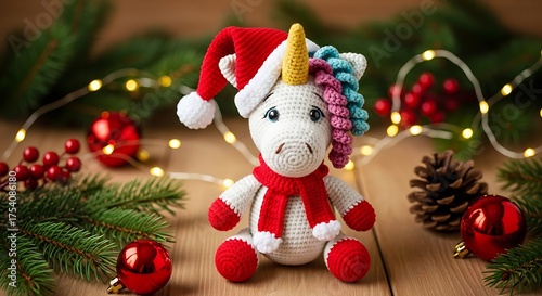 Christmas unicorn with santa hat and festive ornaments