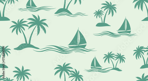 Tropical island scene with palm trees and sailboats on a gentle sea.