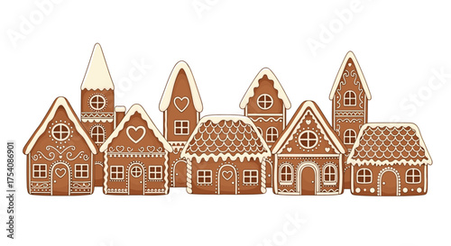A charming village of gingerbread houses decorated with icing and candy.