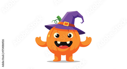 A cute cartoon pumpkin wearing a witch hat ready for Halloween.