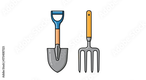 Illustration of garden spade and pitchfork tools on a white background.