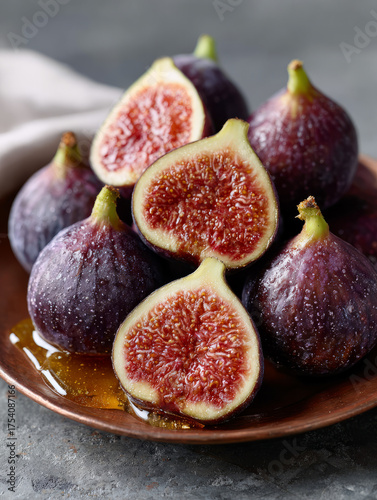 Pile of ripe figs on a plate with cut figs showing texture.