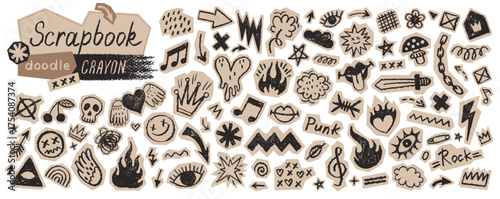 Rock scrapbook. Punk music doodle cutout collage sticker. Punk rock music icon pattern. Torn paper with scribble tattoo. Shape nub bg. Fire, heart, star, skull. Bold journal hand drawn scrap element