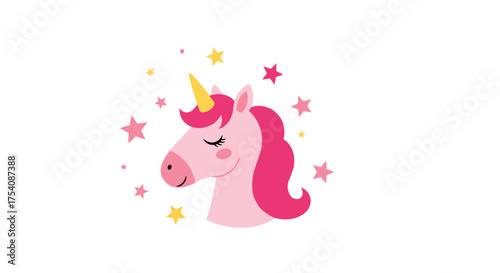 A cute pink unicorn with stars and a magical horn. This is a magical creature.