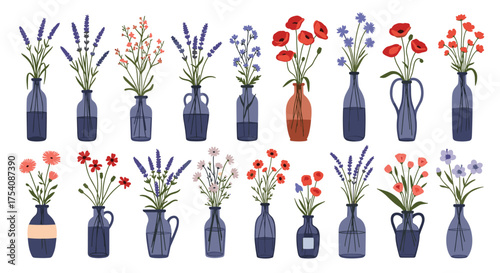 A charming collection of floral arrangements in diverse vases.