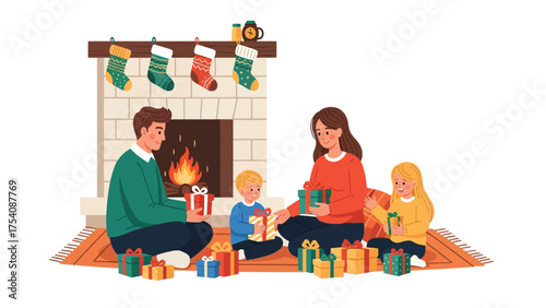 A family gathers in front of a fireplace, exchanging Christmas gifts and celebrating the holiday season.